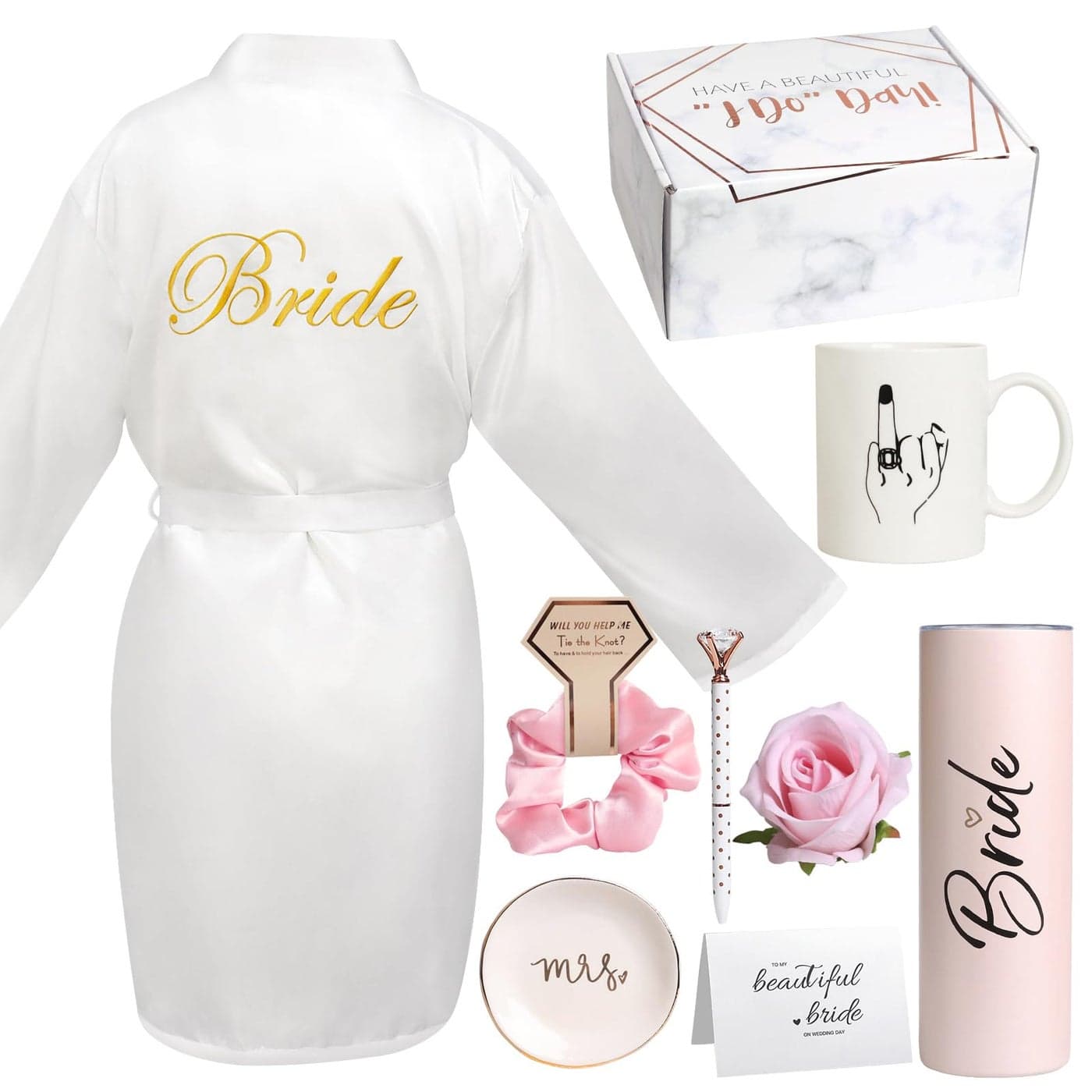 Frerdui 8Pcs Bridal Shower Gift Bride to Be Gifts Bridal Shower Gifts for Bride to Be Gift Box Sets Bridal Silk Robes Tumbler Cup Mug Jewelry Tray Wedding Engagement Gift for herM