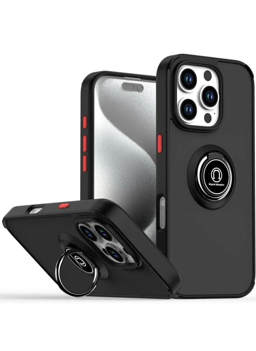 iPhone 16 Pro Max Case Cover – Black Matte Shockproof Bumper with Metal Ring Holder Kickstand & Car Magnetic Mount