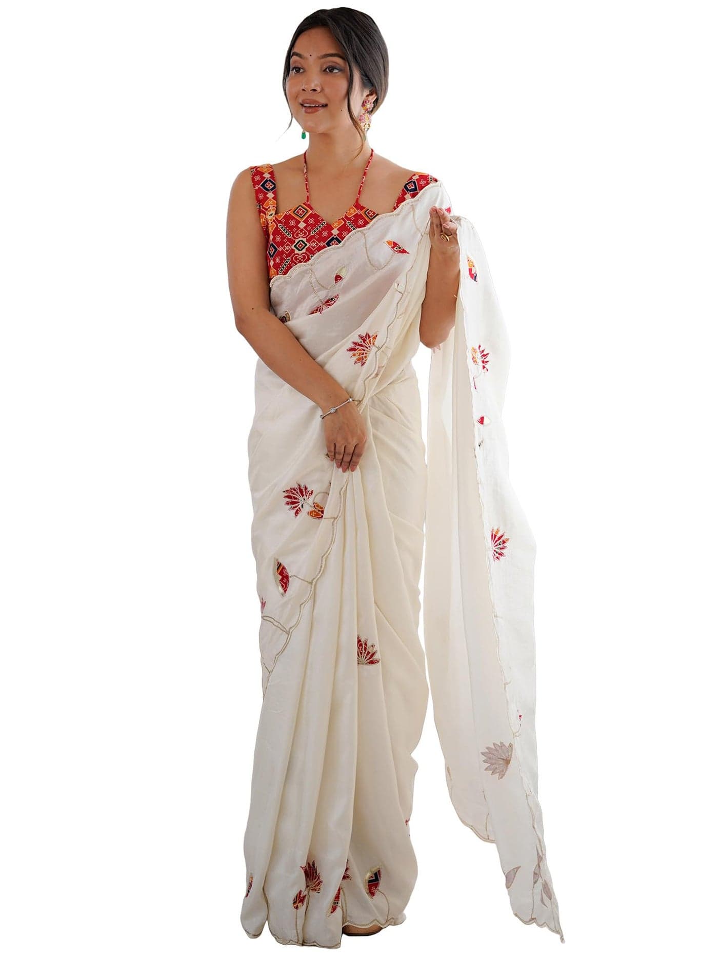 SAREE MALL Women's White Dola Silk Embellished Saree With Unstitched Blouse Piece (NILAM8001_NM)