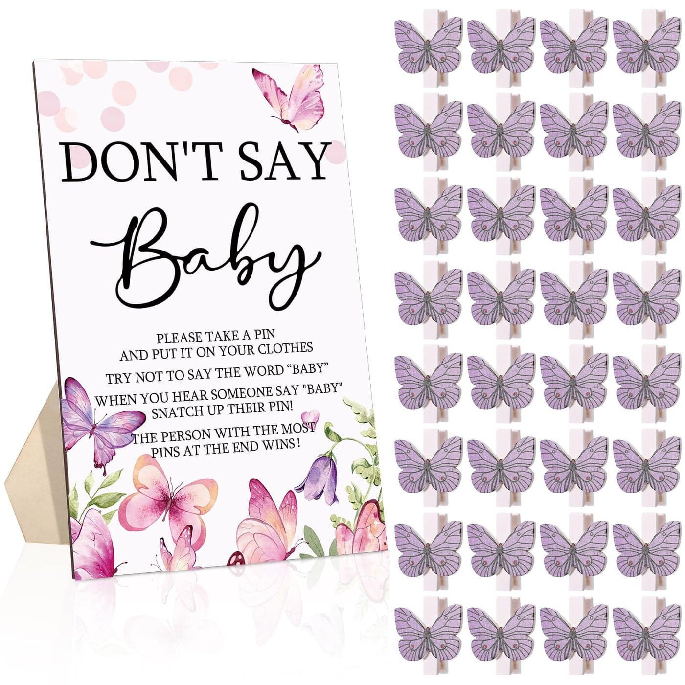 Unittype 51 Pcs Dont Say Baby Shower Game Favors Include Purple Butterfly Theme Baby Shower Sign and 50 Mini Butterfly Clothespins for Boys Girls Gender Reveal Party Supplies