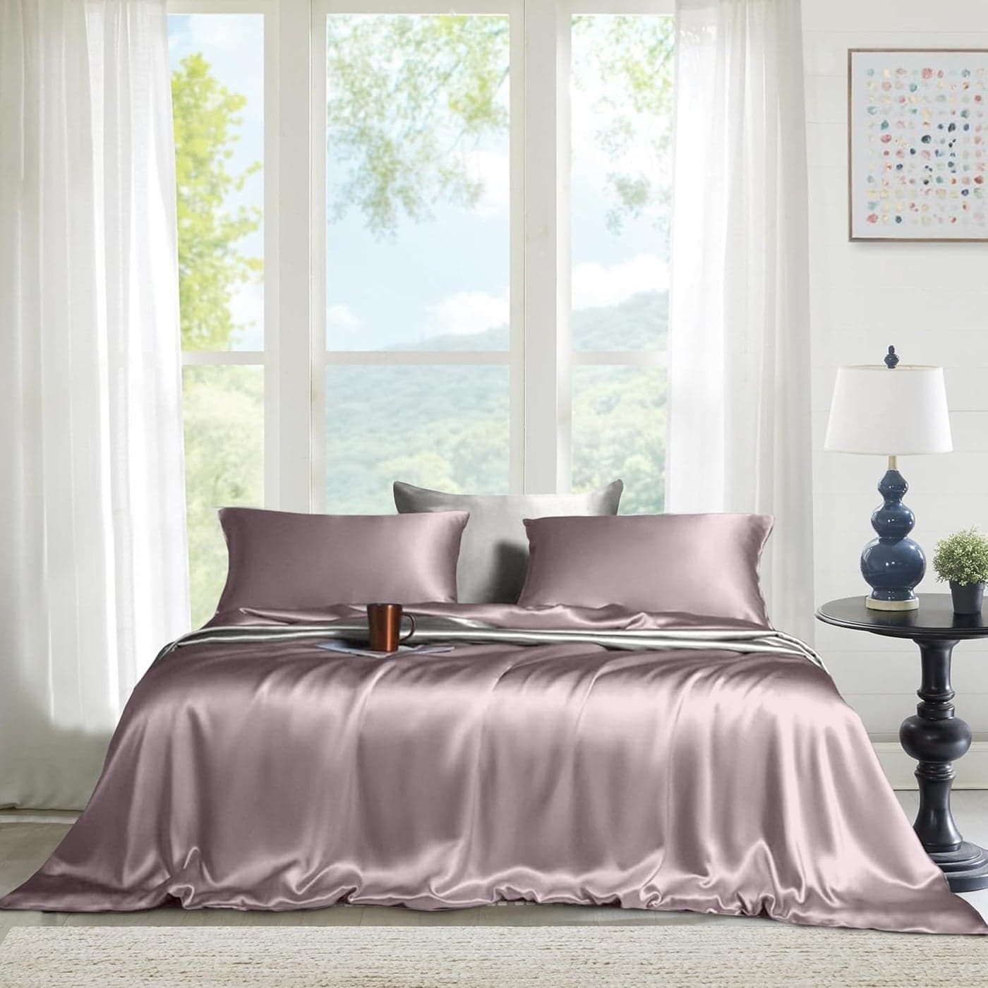 THE LINEN COMPANY 100 Bamboo 300 TC Double Fitted Bedsheet with 2 Pillow Covers Suitable for Living Room and Hotel 60 x 78 14 Lilac