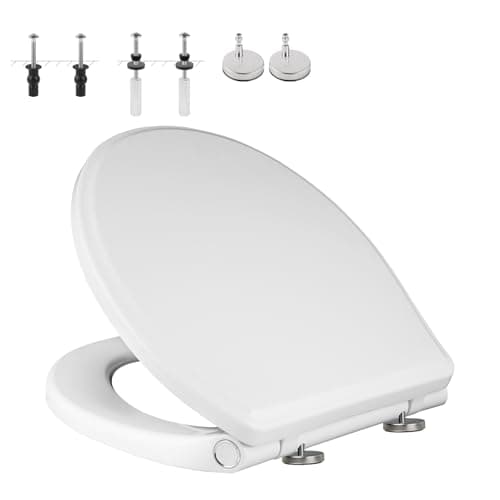 Universal Elongated Toilet Seat with Softclose Cover, One-Click to Quick Release, Compatible with TOTO/Gerber/Kohler Oval Toilet Seats, 2-Pack Toilet Bolts and Nuts, Non-Slip Toilet Bumpers, White
