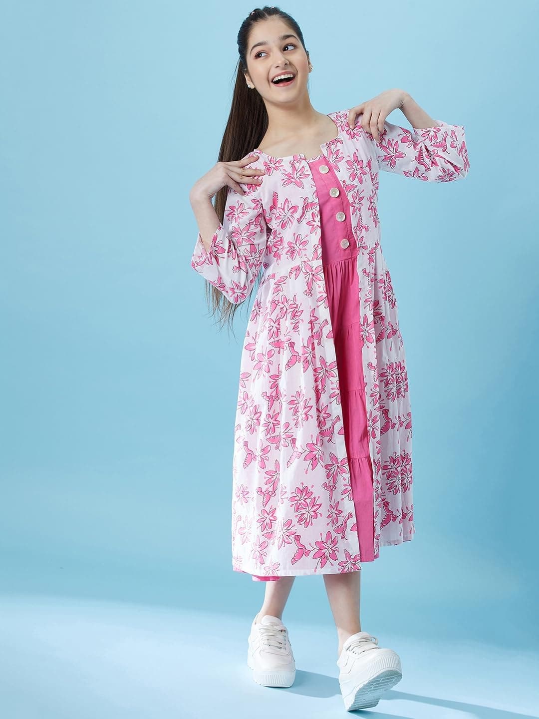 Pspeaches Girls Fit and Flare Tiered Cotton Midi Dress with Shrug (Pink-13-14Y)