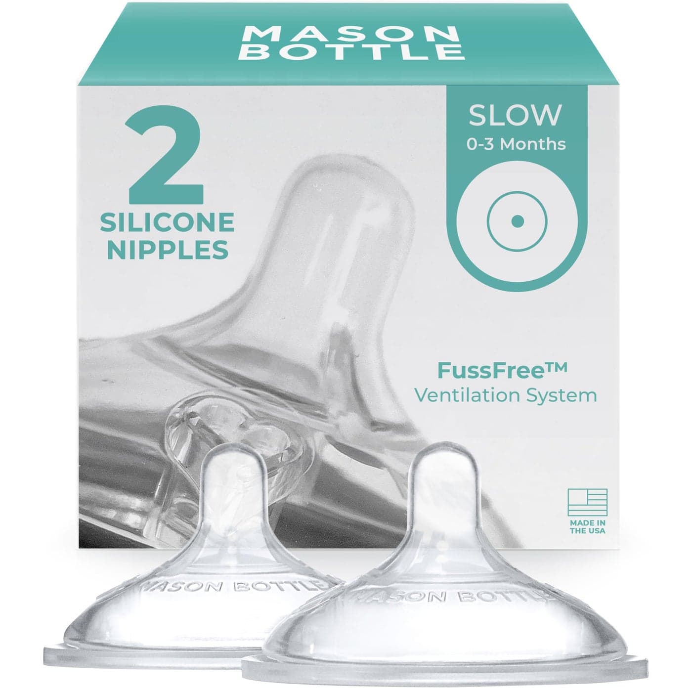 Mason Bottle Slow Flow Nipples 03 Months Silicone Baby Bottle Nipples Fits Any RegularMouth Mason Jars Wide Natural Shape BPAFree NonToxic Made in USA 2Pack