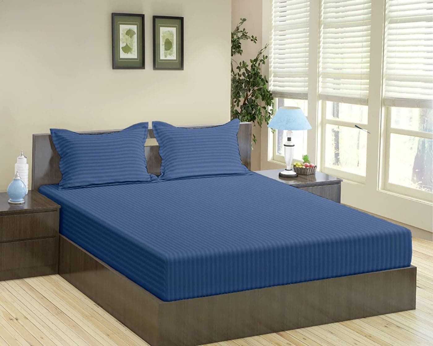 Trance Home Linen 100% Cotton 78X72 Inch King Fitted 200Tc Satin Stripe Elastic Fitted Bedsheet|Bedroom Hotels Daily Use Fitted Bedspread With 2 Pillow Covers (78"X72"|6.5X6 Feet, Mediterranean Blue)