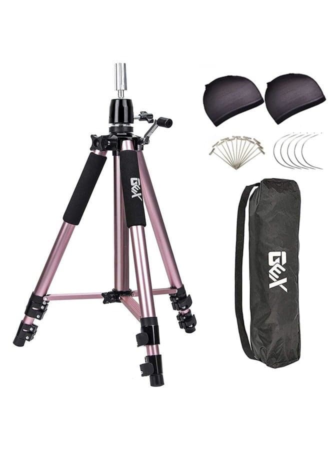 GEX Heavy Duty Canvas Block Head Tripod Cosmetology Training Doll Head Stand Mannequin Manikin Head Tripod Wig Stand With Travel Bag (Rose Gold)