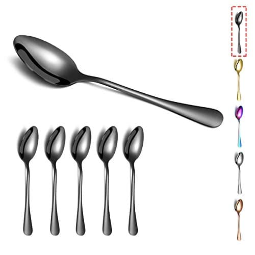 Kyraton 6-Piece 8" Stainless Steel Table Spoon Set, Titanium Black Plating, Gold Soup & Dessert Spoons, Dishwasher Safe