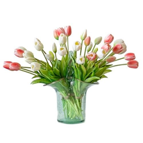 DUYONE 40pcs Artificial Tulips Flowers Latex Bouquet Fake Tulips for Office Wedding Party Home Kitchen Garden DecorationB Coral Pink Set