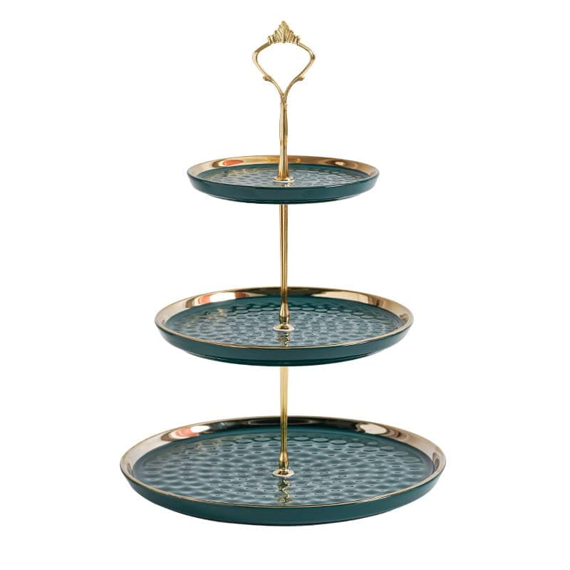 FURN ASPIRE Ceramic Three-Layer Fruit Plate, Serving Tray Dessert Tower for Wedding Birthday Summer Baby Shower Graduation Tea Party (Green 15x20x26 cm 3-Layer Plate Round)