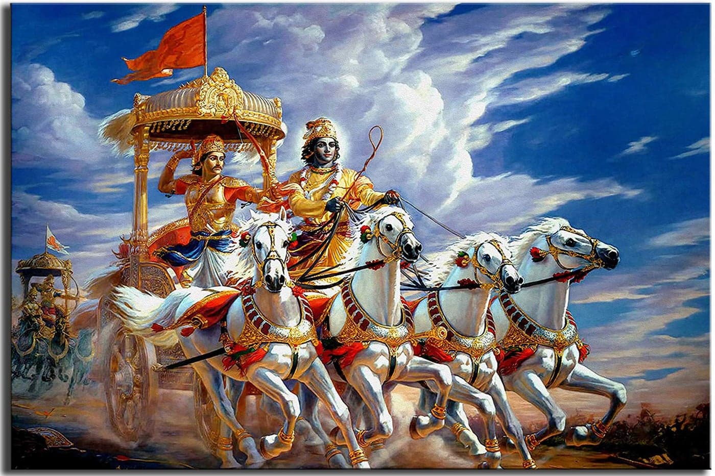 wallpics® Lord Krishna Arjun on Chariot | Sarathi | Mahabharat Gita Updes waterproof vinyl sticker Painting Poster For Home Decor,Office, Hall,Living Room,Bedroom,Kids Room (12X18)