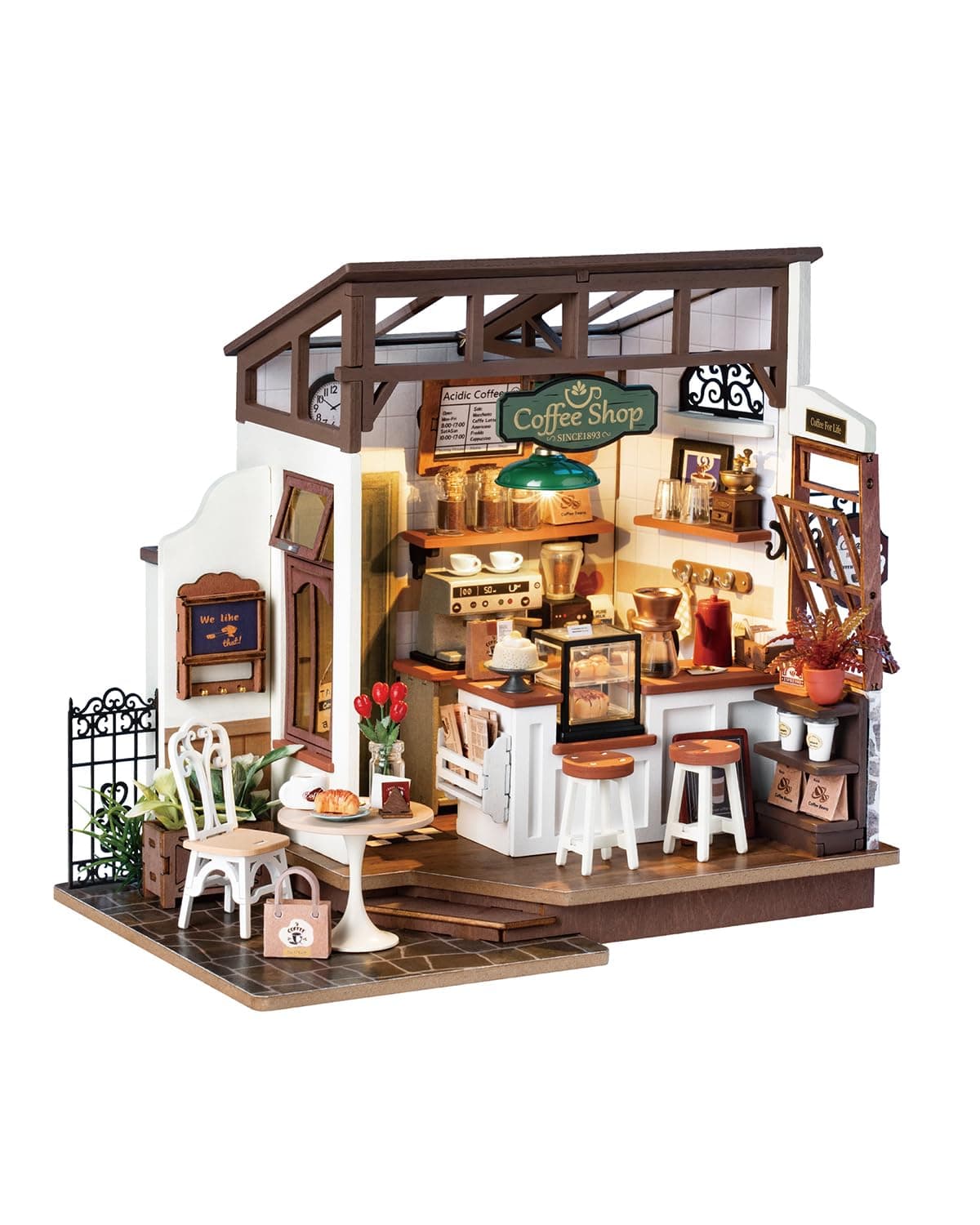 Rowood Coffee Miniature House Kit, DIY Miniature Dollhouse Kits Gifts for Adults to Build, Mayberry Street Miniatures, Wooden Adults Crafts, Mini Model Kits with LED, Birthday for Adult(NO.17 Cafe)