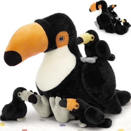 MorisMos 24 Giant Toucan Stuffed Animal Mommy with 3 Baby Toucan Toys for Kid Girl Boy Realistic Black Bird Plush with Baby Bird Toys Gift for Birthday Tropical Rainforest Stuffed Animals Decor