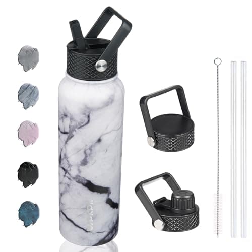 BJPKPK Insulated Water Bottles with Straw Lid, 40oz Stainless Steel Water Bottles with 3 Lids, BPA Free Leakproof Thermo, Tumblers, Cups for Sports, Gym-Carrara Marble