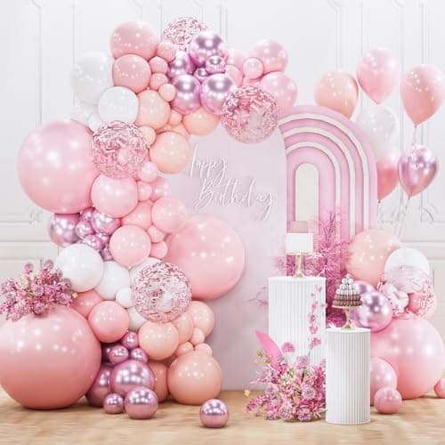 PartyWoo Light Pink Balloon Arch Kit Garland 142pcs Different Sizes of 18 12 10 5 Inch Baby Pastel Pale Pearl Metallic Pink White Clear Confetti Balloons for Baby Shower Birthday Party Decorations