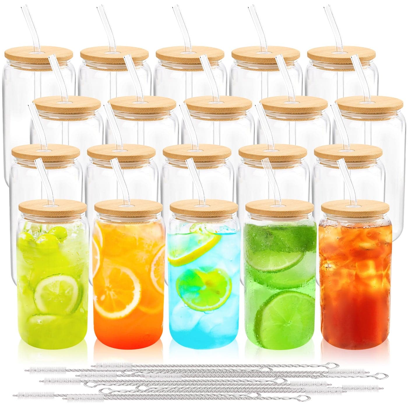 Joyclub 20 Set Glass Cups with Bamboo Lids and Straws 16oz Can Shaped Reusable Iced Coffe Cups with Lids Drinking Glasses Tumbler with Straw and Lid for Soda Boba Tea Cocktail Whiskey Gift