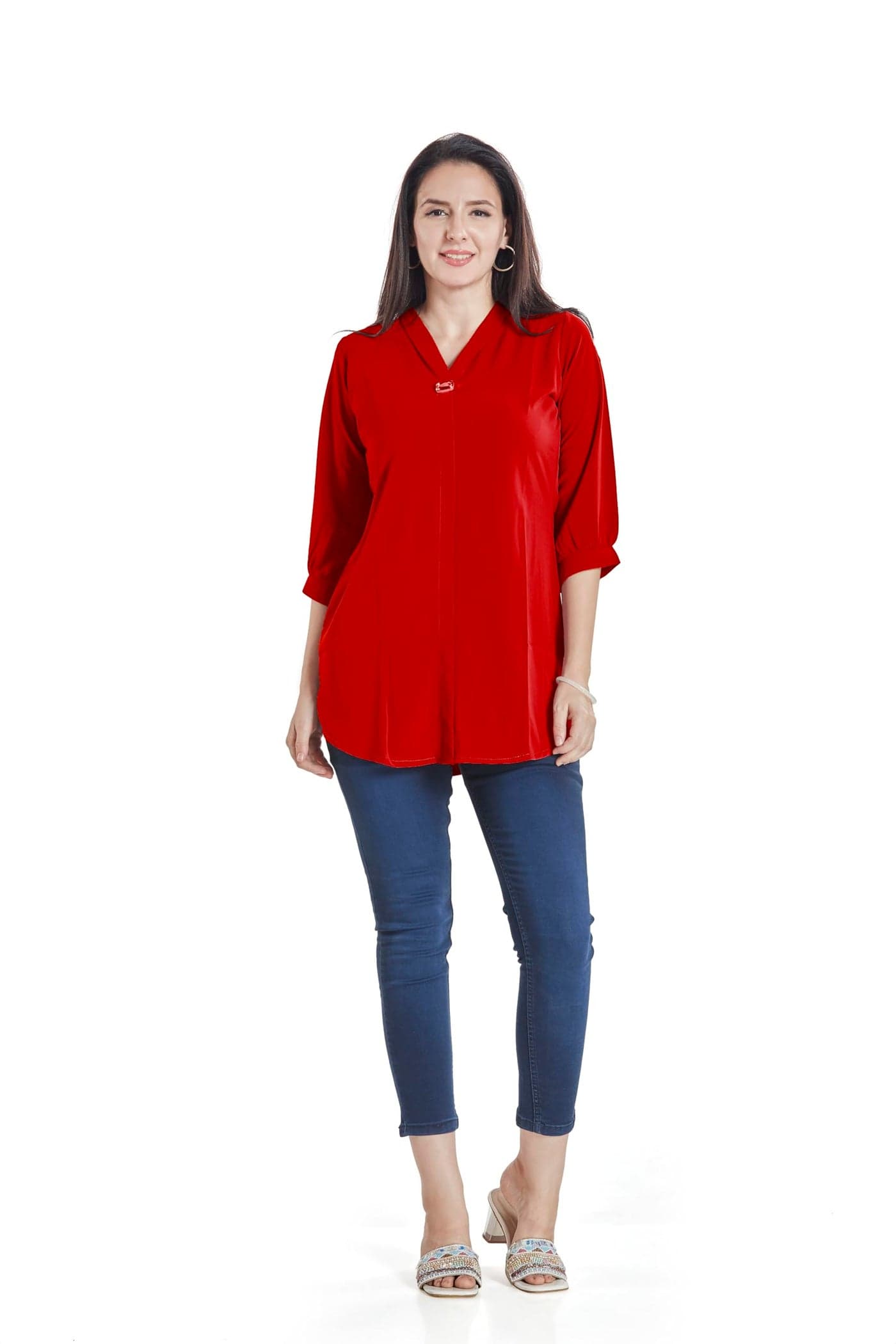 nioni Women’s Solid Red Tunic with Fashionable V-Fold Neck | Micro Pleated Rayon Kurti | Lycra Material | 3/4th Sleeve Short Kurta for Woman & Girl (L)