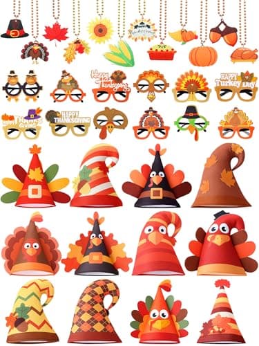 ShinyMatch 36 Pcs Thanksgiving Turkey Party Favors Set Turkey Felt Hat Bead Necklace Sunglass for Cosplay Party Photo Props