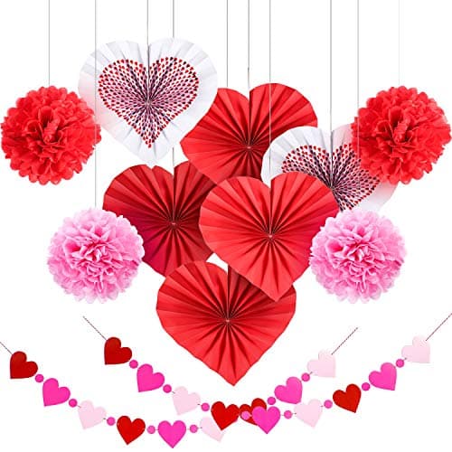 Blulu 12 Set Valentines Galentines Day Hanging Decoration Kit Red Pink Heart Paper Fans Tissue Paper Pom Pom Heart Banner for Valentine Galentine Party Bulletin Board Home Indoor Decor Supplies