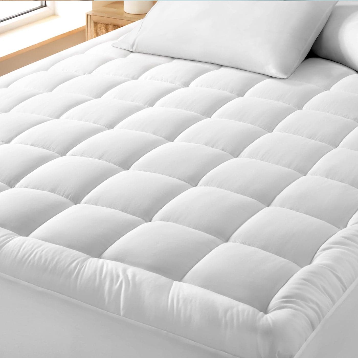 Bare Home Queen Mattress Topper Cotton Top Plush Topper for Mattress Fitted Mattress Cover Cooling Breathable Air Flow 8 to 21 Deep Pocket Soft Mattress Pad Queen White