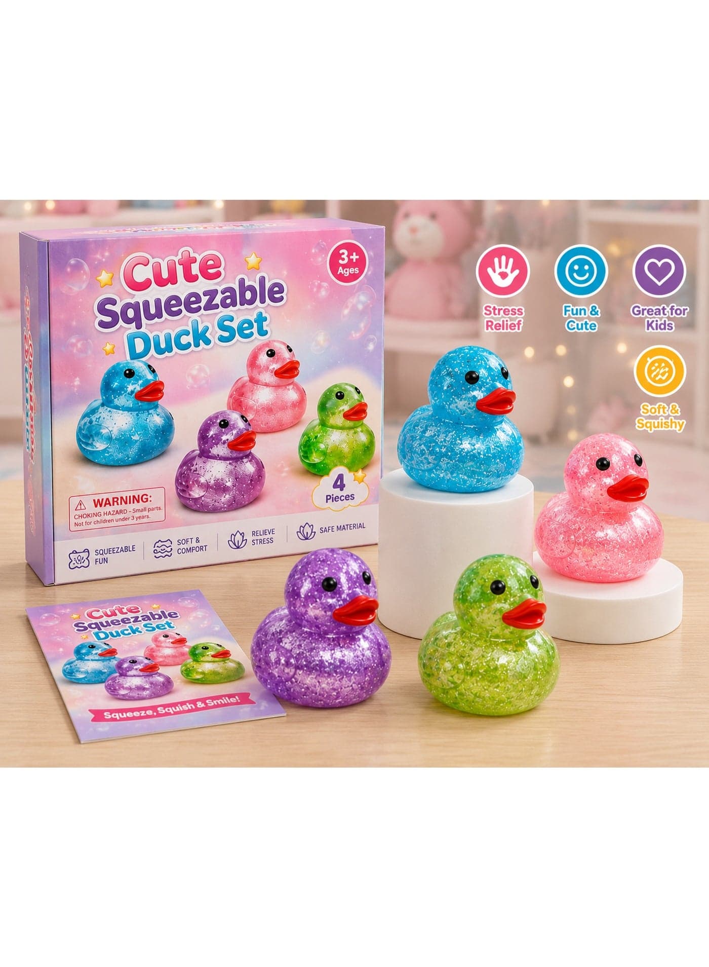 4 Pack Glitter Rubber Duck Squishy Squeeze Toys, Cute Stretchy Sparkly Duck Fidget Stress Balls, Slow Rising Sensory Decompression Toy for Kids, Eid Birthday Party Gift Classroom Prizes