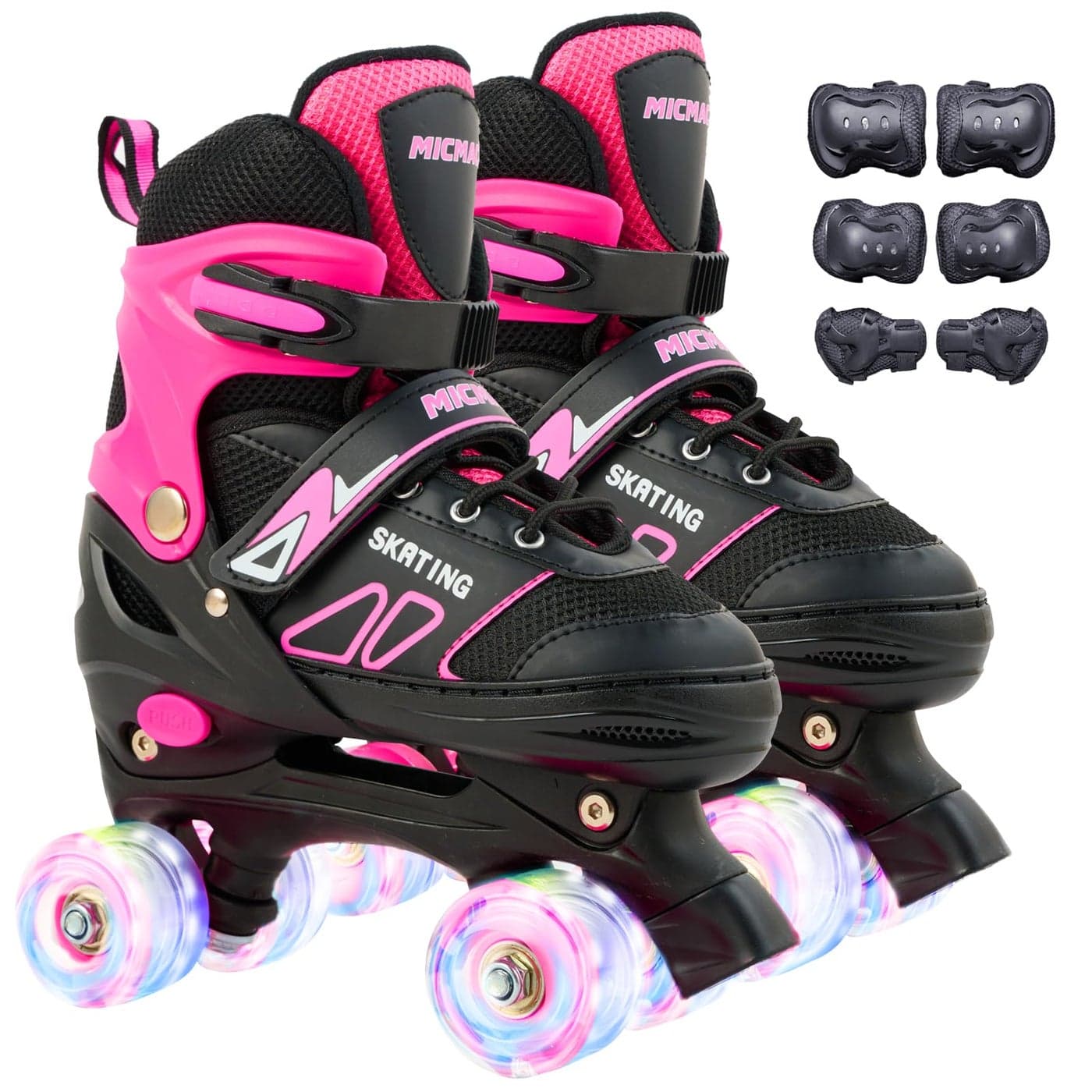 Girls DoubleRow Roller Skates with Protective Gear OneClick 4Size Adjustable Safety Buckle Brake System LightUp Wheels for Night Skating IndoorOutdoor Kids Skates Ages 312