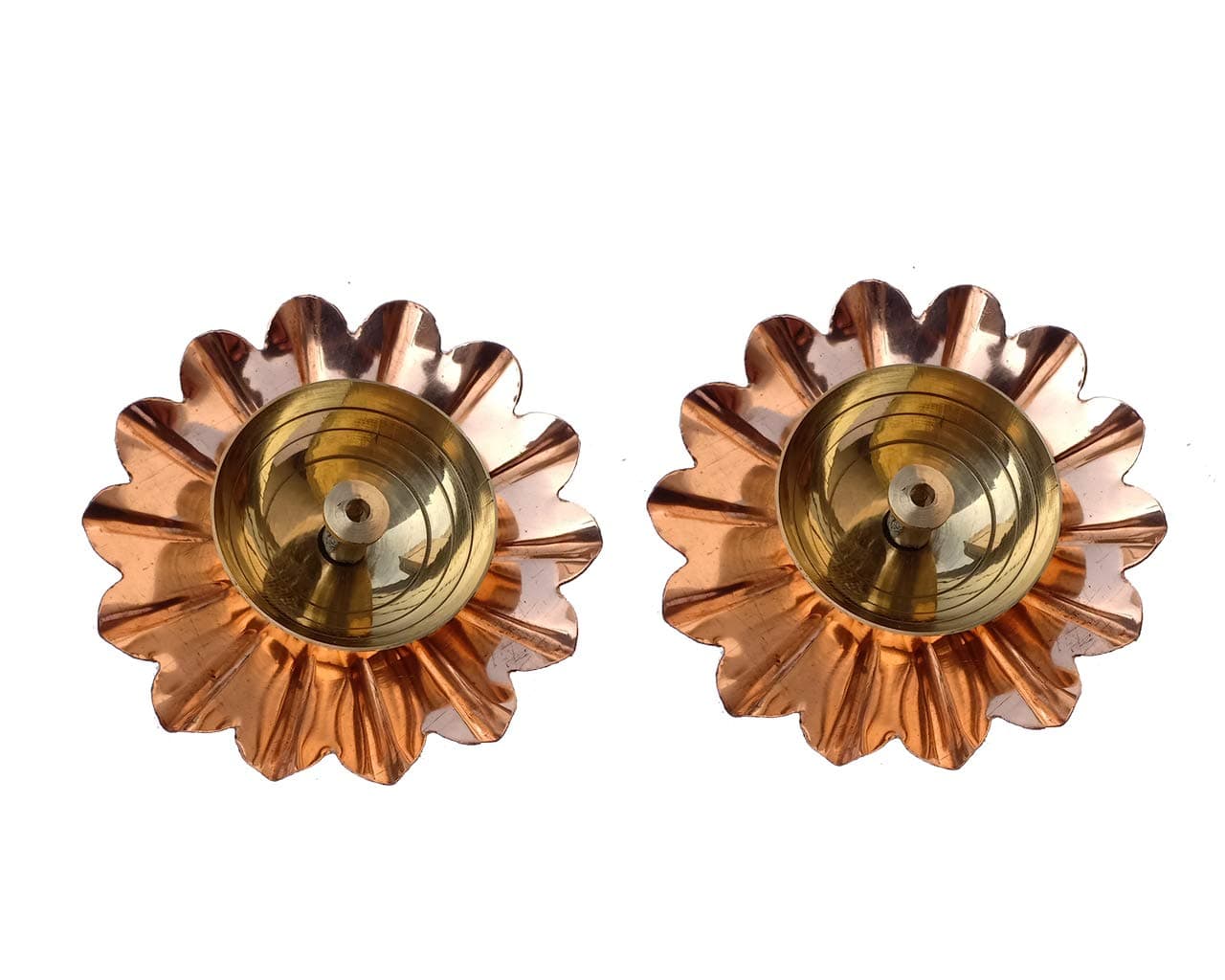 Collectible India Brass Diya - Lotus Puja Oil Lamp Stand for Pooja, Brown, (Set of 2)