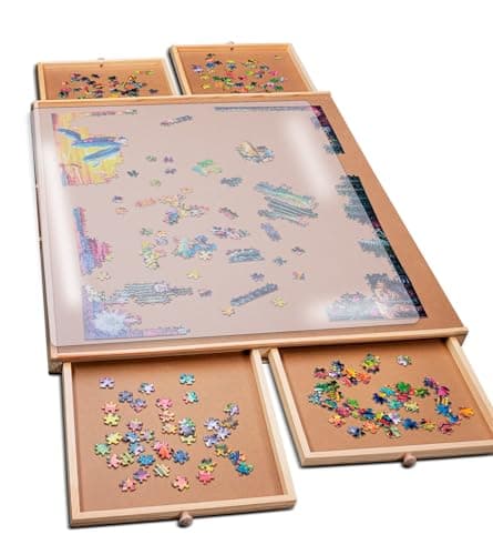 PlayVibe 1000 Piece Puzzle Board with Drawers and Cover Portable Wooden Jigsaw Puzzle Tray with Drawers Solve Station Sturdy Table Portable Outdoor Fun Patio Easter Gift Idea