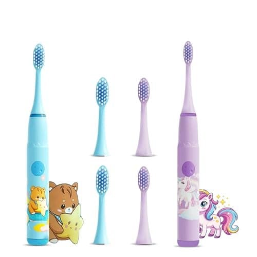 US1984 Sonic Electric Toothbrush for Kids with 4 Modes, 3 Brush Heads & Rechargeable Battery, Ultra Soft Nylon Bristles, IPX7 Waterproof, Electric Power Tooth brush (Blue & Purple