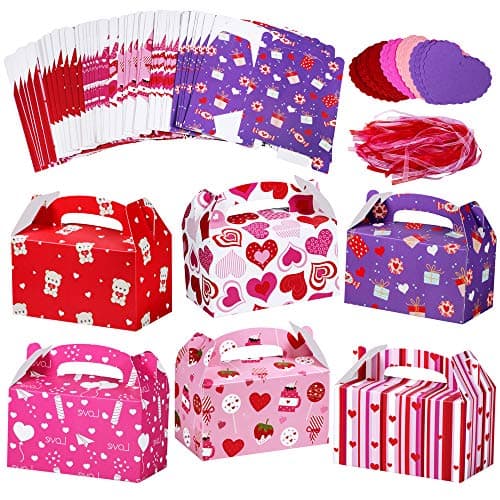 Winlyn 48 Set Valentines Day Treat Boxes Hearts Prints Boxes Cookie Boxes Goodie Bag Party Favor Boxes Container Candy Box with Heart Tags Bulk for Kids Girls School Classroom Supplies