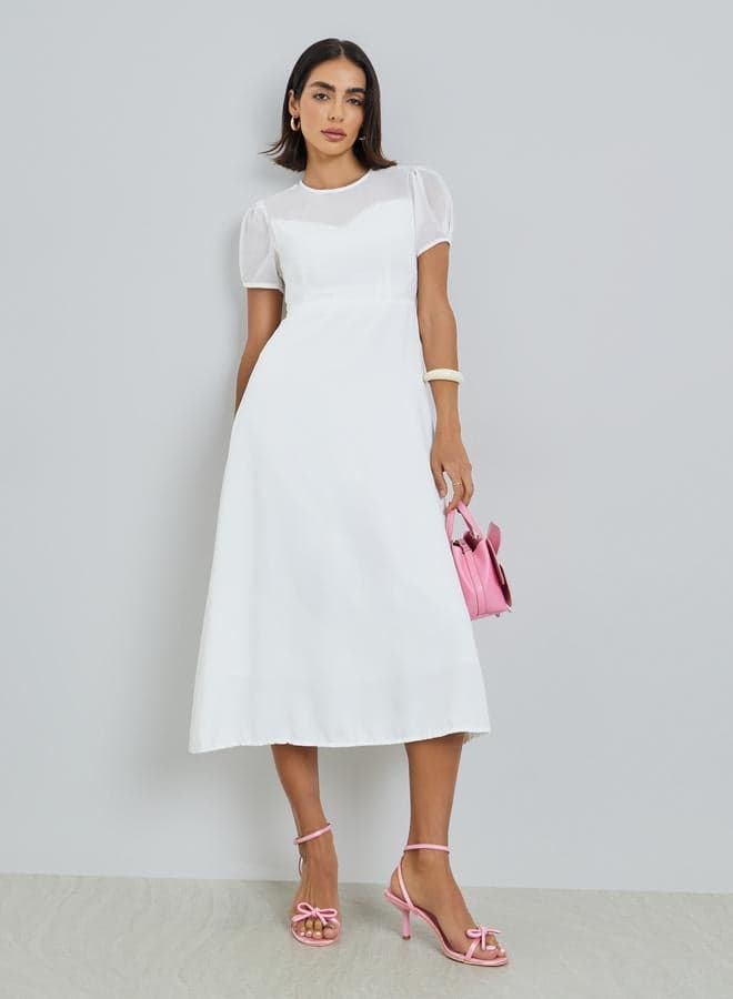 White Round Neck A-Line Midi Dress — S
