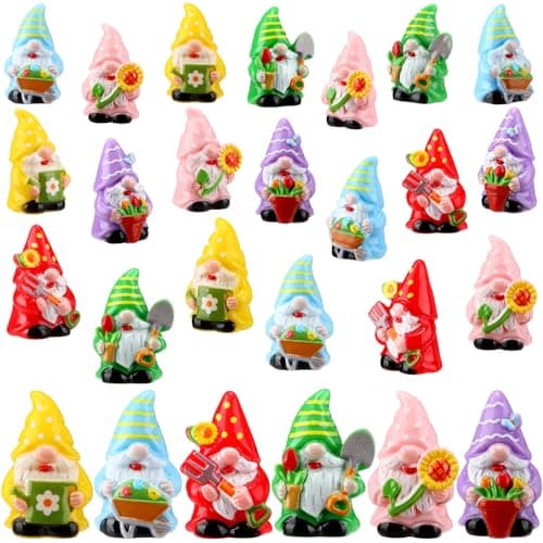 Yaomiao 60 Pcs Mini Spring Gnomes Figurines Spring Miniature Resin Gnomes Decorations Sunflower Tulips Flowers Pots Mini Resin Gnome for Table Landscape Tiered Tray Decor