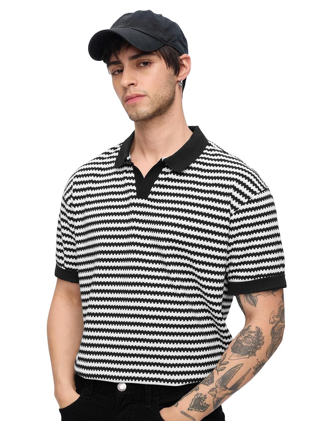 The Souled Store Jacquard Polo: Monochrome Men and Boys Short Sleeves Collared Neck Striped Cotton Blend Streetwear Trendy Drop Shoulder Casual Oversized Polos