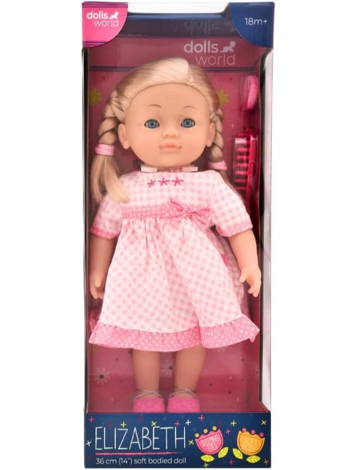 Dollsworld Peterkin Elizabeth 14-Inch Soft Body Doll with Sleeping Eyes, Outfit & Hair Accessories – Perfect Gift for Kids Age 3+