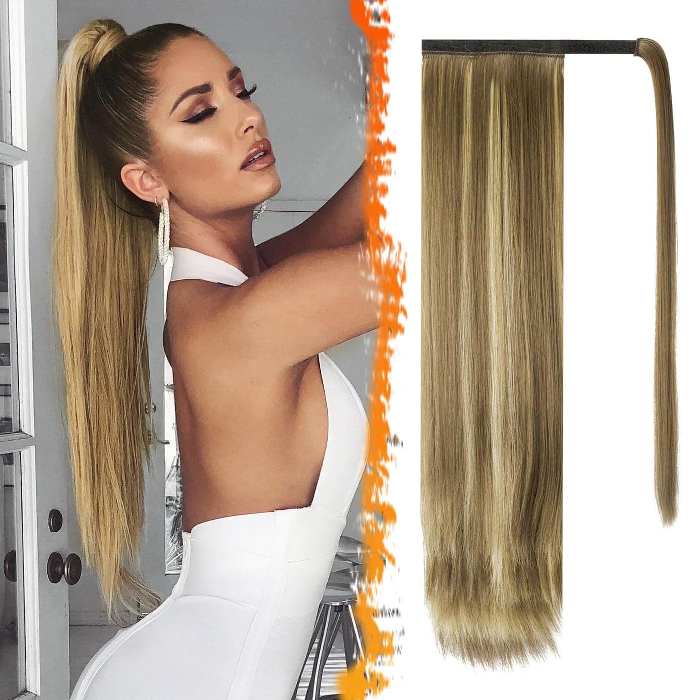 BARSDAR Medium Brown Highlight Straight Wrap Ponytail Extension 30 Inch Long Straight Wrap Around Ponytails for Women Synthetic Clip in Ponytails Extensions Balayage Pony Tails Hairpieces