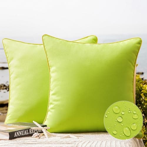 Phantoscope Pack of 2 Outdoor Waterproof Throw Pillow Covers with Contrast Piping Decorative Square Cushion Case Patio Pillows for Couch Tent Lime Green 18x18 inches