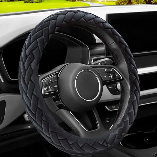 YHONGJT Soft Velvet Steering Wheel Cover Cute Hands Warm Fuzzy Universal 15 Inch for Women Girls Fit Vehicles Sedans SUVs Vans Trucks Black