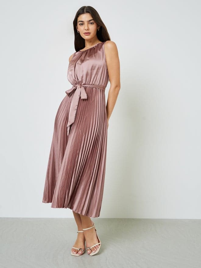 Styli Pink Satin Pleated Midi Dress with Tie Waist