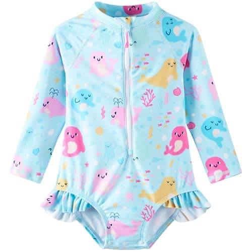 UMELOK Baby Girls One Piece Swimsuit UPF 50+ Sun Protection Floral Printed Long Sleeve Rash Guard Swim Suit Infant Swimwear with Zipper Cute Dolphin,12M