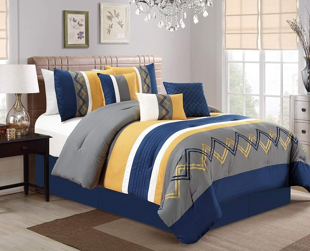 Chezmoi Collection Arden 7Piece Modern Pleated Stripe Embroidered Zigzag Bedding Comforter Set King NavyGrayYellowWhite