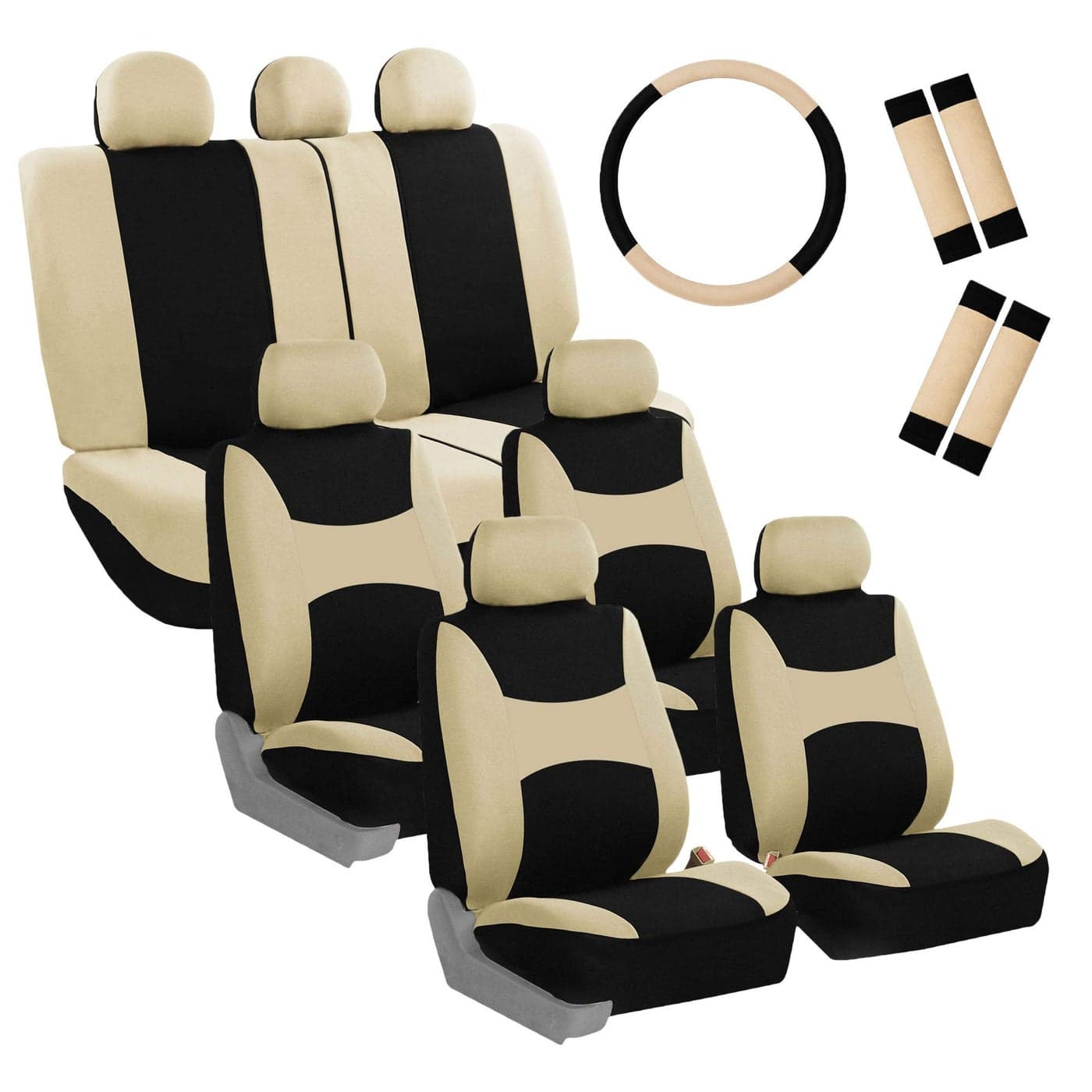 FH Group Light Breezy Cloth Car Seat Covers 7 Seater Three Row Set Airbag Split Ready Universal for Cars Trucks and SUVs BeigeBlack