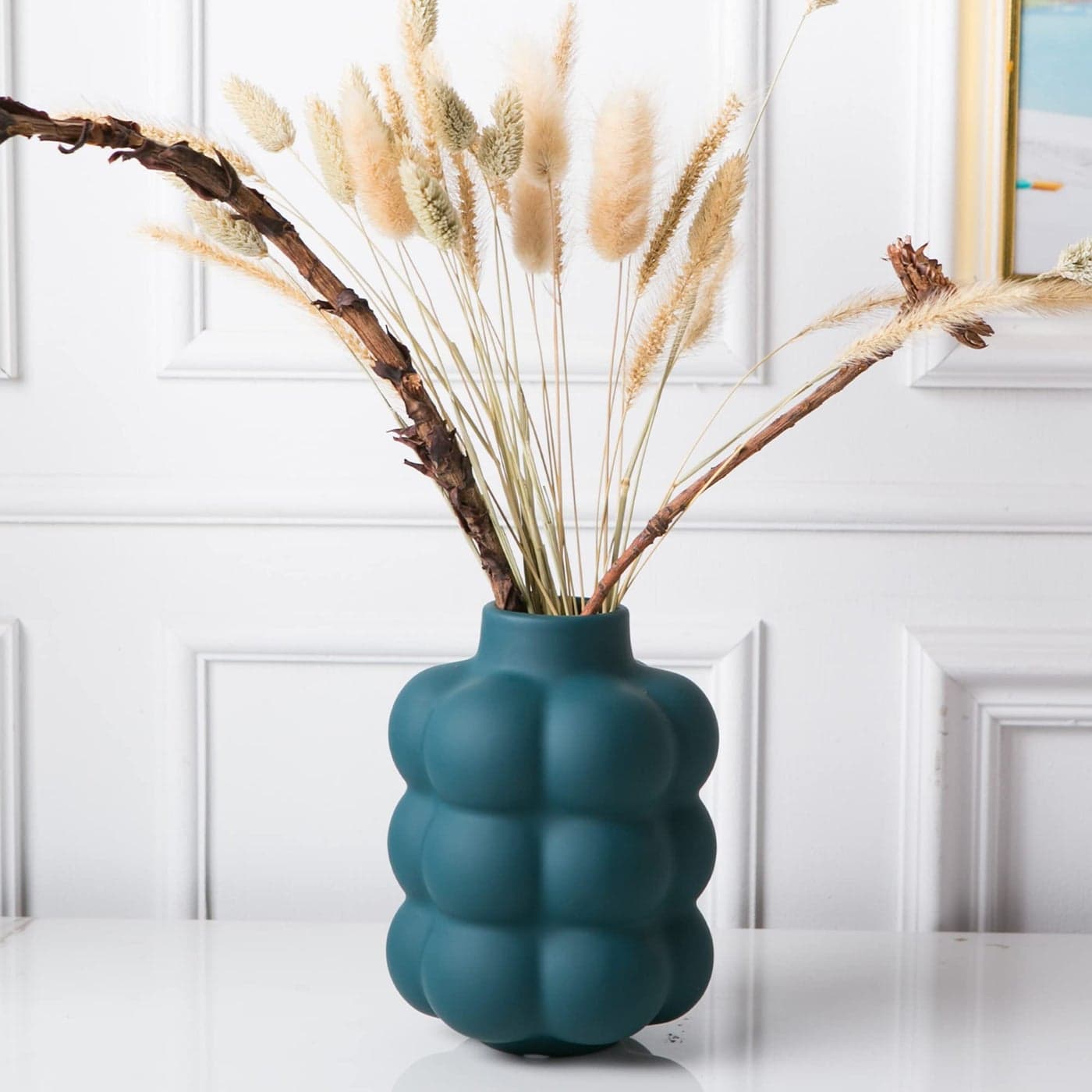 Mowtanco Ceramic Vase Modern Dried Flower Vase Blue Teal Vase with Raised Dots Boho Home Decor for Centerpiece Wedding Dinner Table Party Living Room Office Bedroom Housewarming Gift