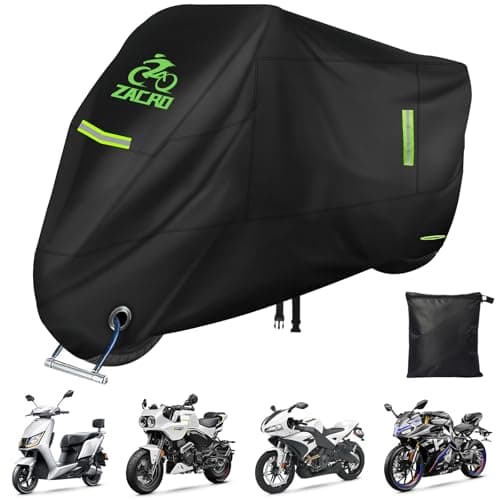 Zacro 420D Motorcycle Cover Waterproof Outdoor Protection for All Seasons Tear Proof with Reflective Strips Lock Hole Fits Moped Cover and Motorcycles Up to 96