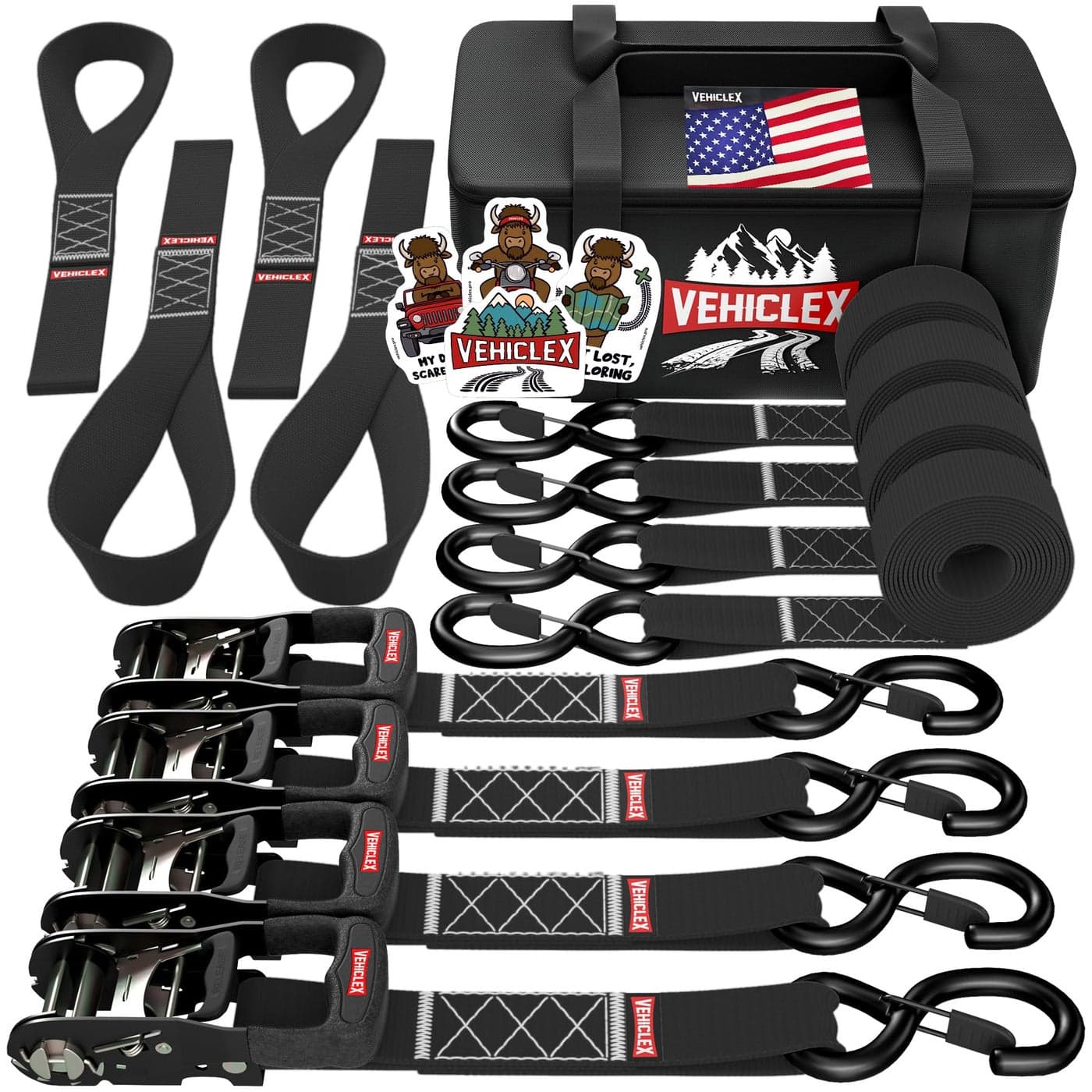 Vehiclex Motorcycle Ratchet Tie Down Straps with Soft Loops 4PK Heavy Duty 15 x 8ft Kit 4400 lb Breaking Strength for Powersports Black