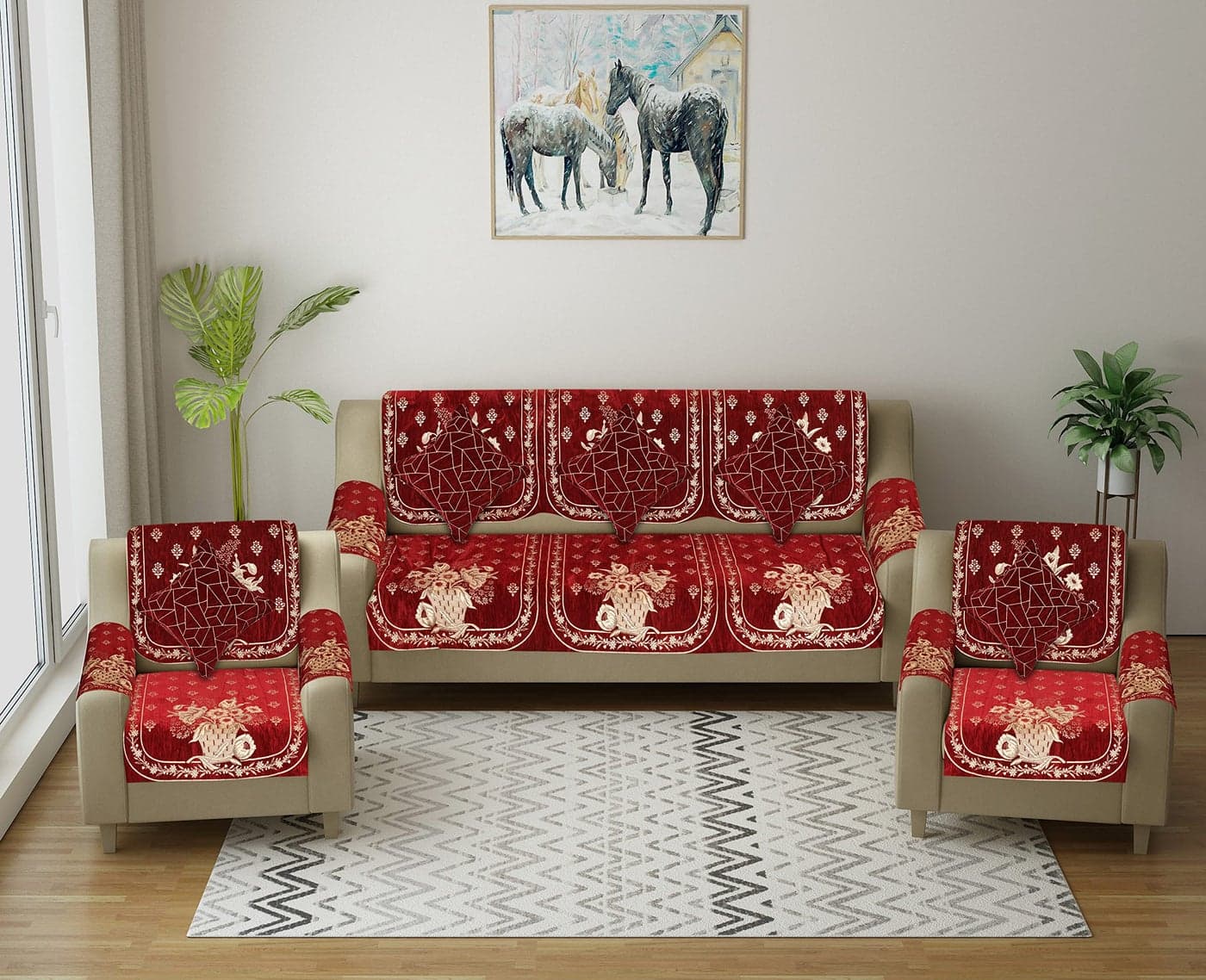 Dazzling DECOR 5 Seater Sofa Cover Set with Arm Covers & Cushion Covers (3+2 Seater) Stretchable Elastic Slipcover | Anti-Slip Couch Protector | Washable Living Room Furniture Cover (Maroon)