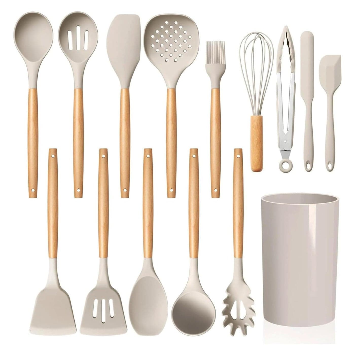 LIANYU 15Piece Kitchen Cooking Utensils Set with Holder Silicone Cooking Utensils Include Spatula Tong Slotted Spoon Turner Whisk Brush Wooden Handle Kitchen Tools for Nonstick Cookware Khaki