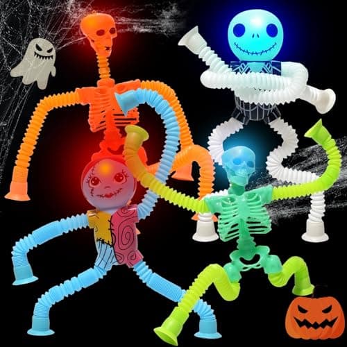 Halloween Skeleton Pop Tubes LED Light Up 4 Pcs Halloween Sensory Fidget Toys Telescopic Suction Cup Autism ADHD Halloween Party Favors Goodie Bags Basket Stuffers Trick or Treat Toys for Kids 6