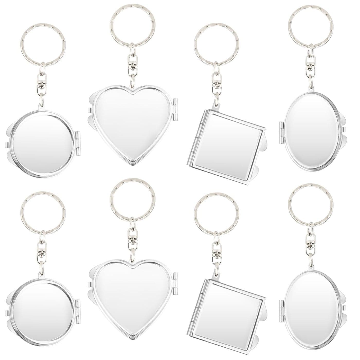 BOSMIOW 8PCS Mini Metal Folding MirrorPortable Compact Cosmetic MirrorDual Sided Vanity Mirror with Key Ring KeychainMakeup Tools for Women GirlsSquareCircularHeartShapedElliptical