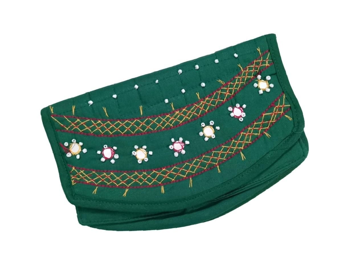 srishopify handicrafts Embroidered Women Hand Purse Handcrafted Ethnic Mobile Purse For Ladies Cotton Beads And Threads Return Gifts For Women For Pooja 8 Inch Green Clutch