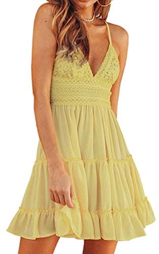 ECOWISH Summer Dresses for Women 2025 V-Neck Spaghetti Strap Bowknot Backless Sleeveless Lace Mini Swing Skater Dress Yellow Large