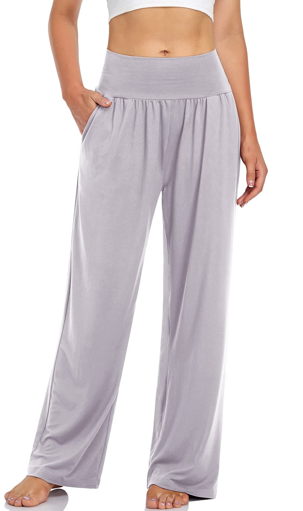 UEU Women's Casual Loose Wide Leg Cozy Pants Yoga Sweatpants Comfy High Waisted Sports Athletic Lounge Pants with Pockets (Light Gray, Medium)